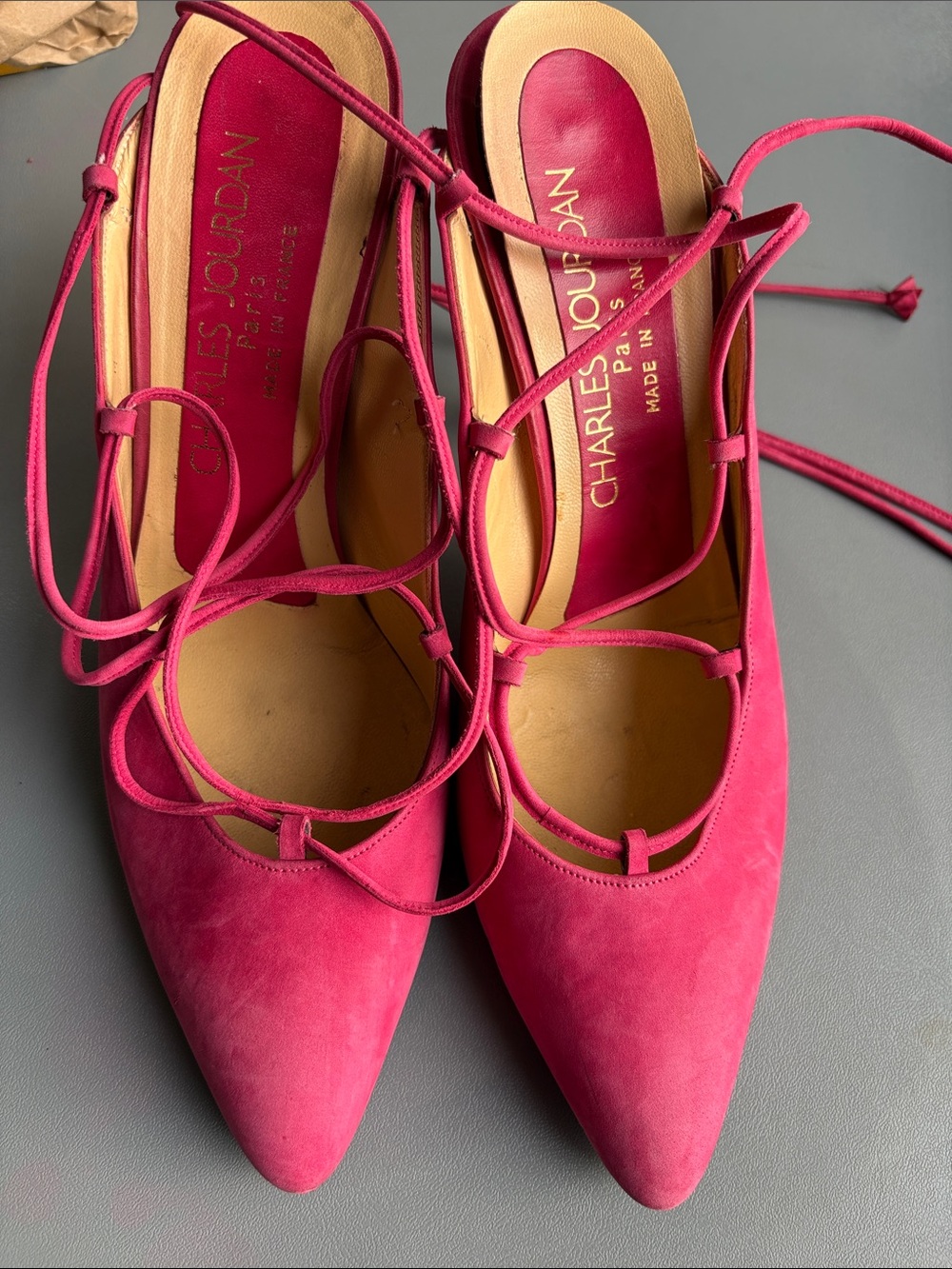 Charles Jourdan Pink Suede Lace-Up Pointed Heels